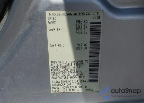 2019 Nissan Altima 2.5 Sl z USA, uszkodzony, nr VIN 1N4BL4EV9KC156248